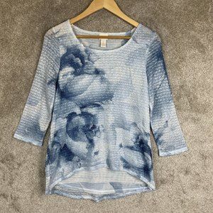 Chico’s Shirt Womens 0 Blue Knit 3/4 Sleeve Pullover Lined Scoop Neck- 8330